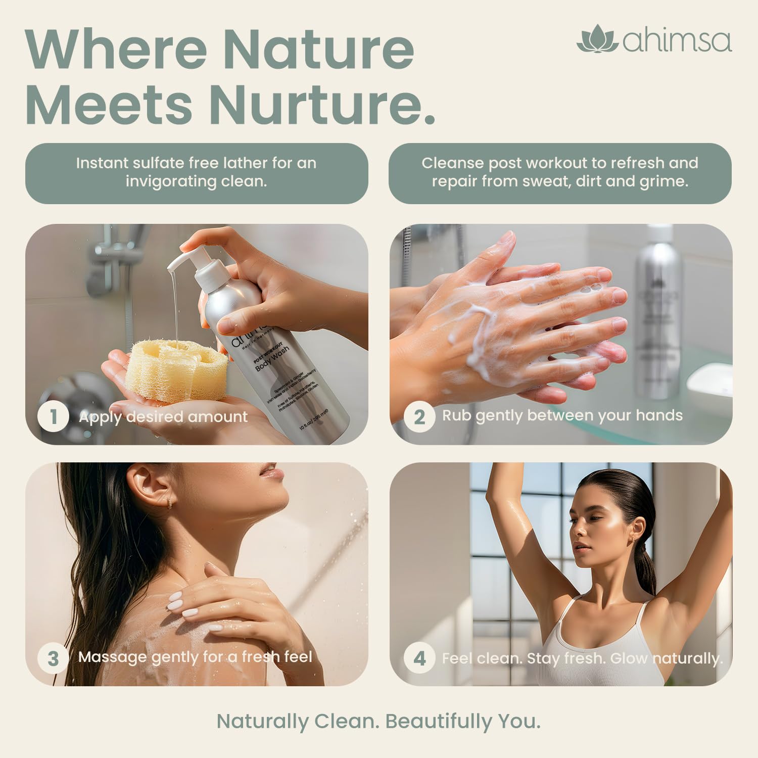 Ahimsa Natural Body Wash for Women | Hydrating, Plant-Based, Spearmint & Ginger Scent, 10oz