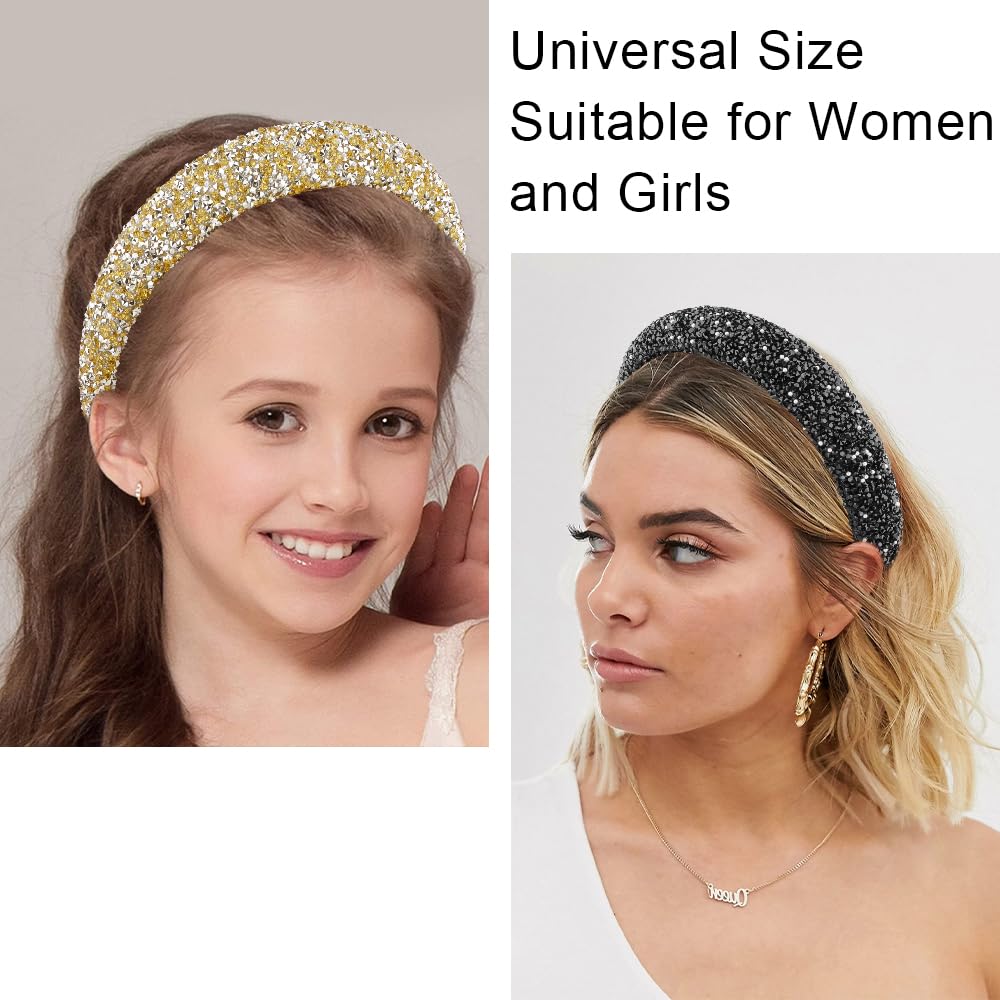 AHONEY 2 Pack Rhinestone Headbands – Padded Glitter Hair Accessories, Black & Gold