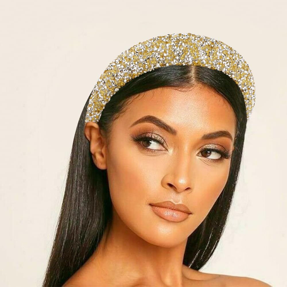 AHONEY 2 Pack Rhinestone Headbands – Padded Glitter Hair Accessories, Black & Gold