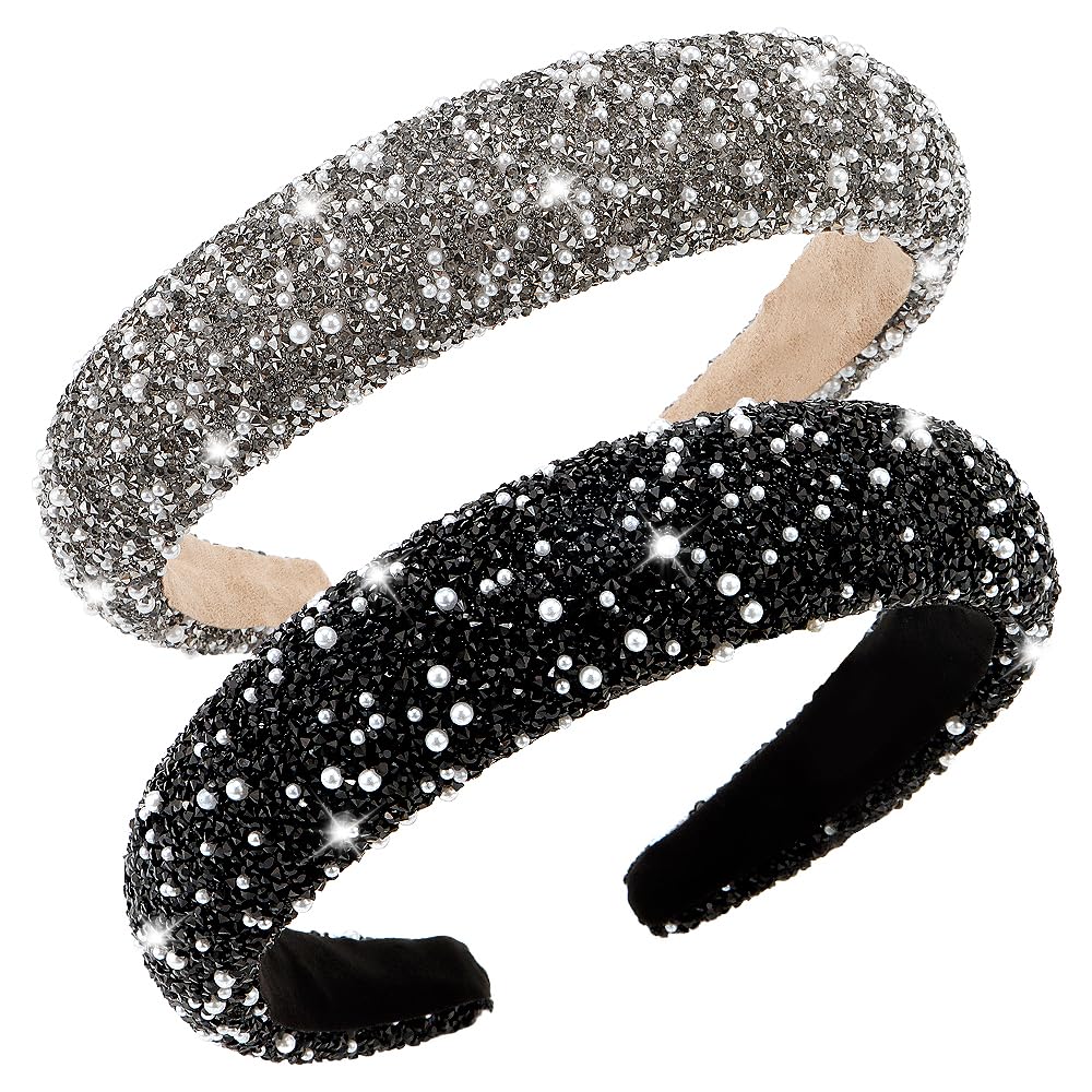 AHONEY 2 Pack Rhinestone Headband – Glitter Sequin Pearl Hair Accessories for Women & Girls (Black & Grey)