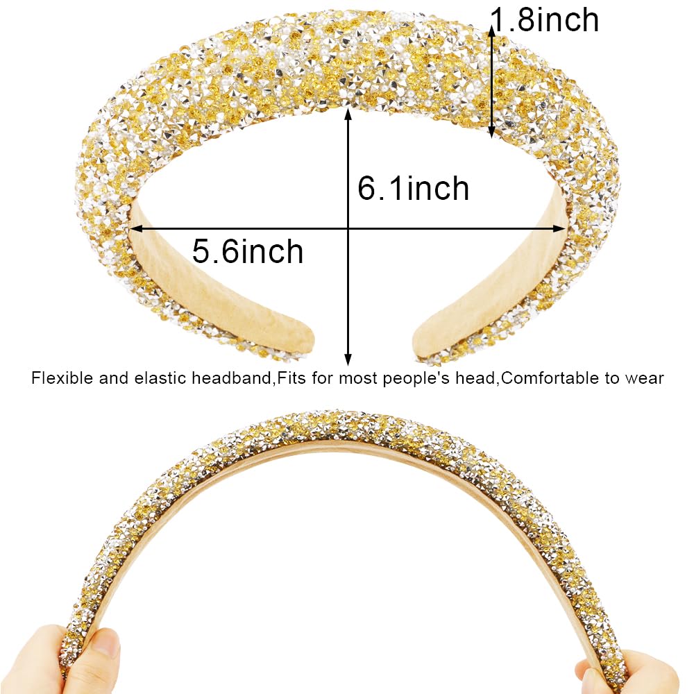 AHONEY 2 Pack Rhinestone Headbands – Padded Glitter Hair Accessories, Black & Gold