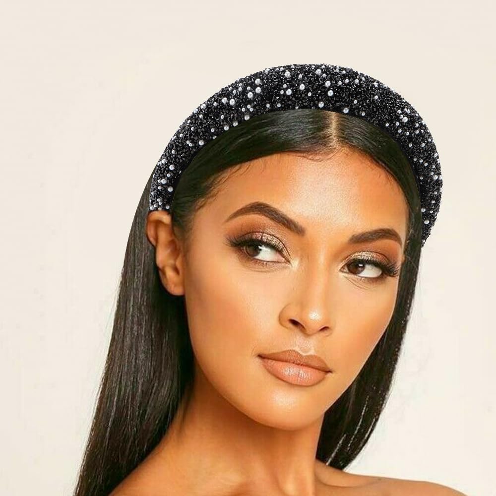 AHONEY 2 Pack Rhinestone Headband – Glitter Sequin Pearl Hair Accessories for Women & Girls (Black & Grey)