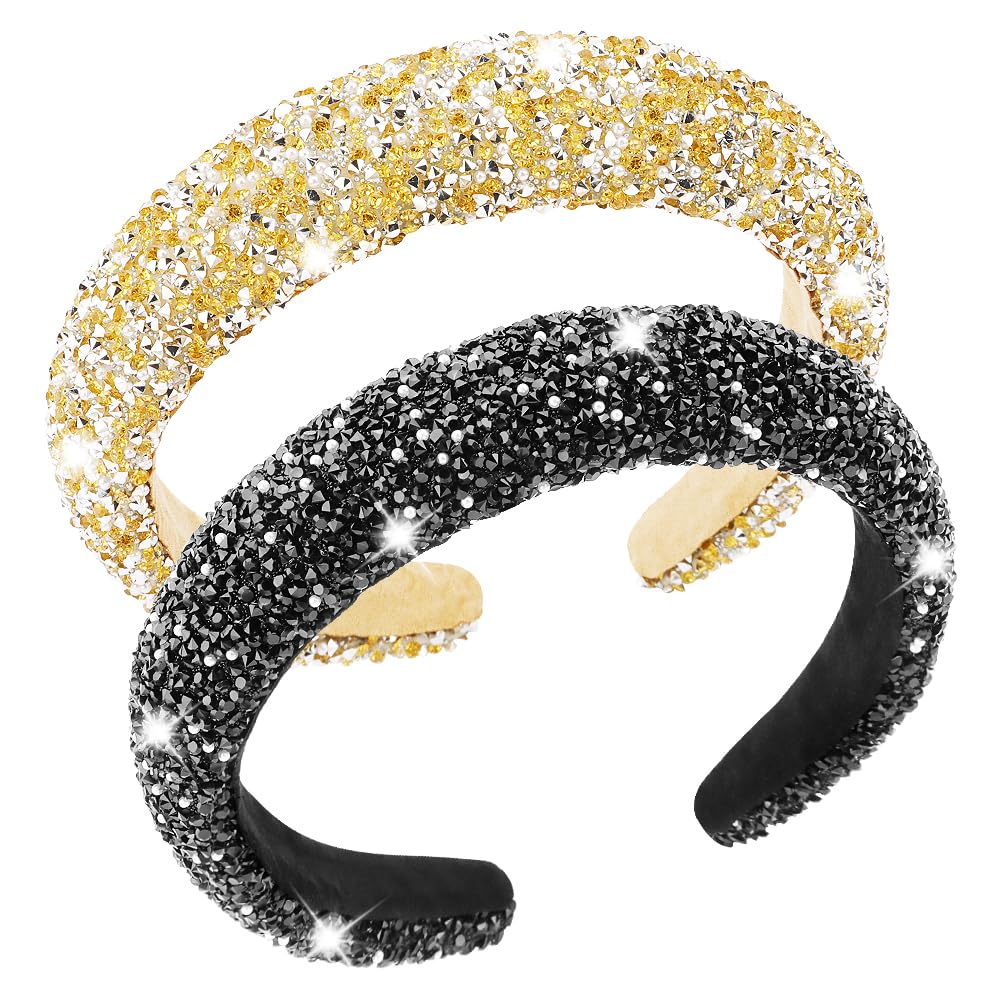 AHONEY 2 Pack Rhinestone Headbands – Padded Glitter Hair Accessories, Black & Gold
