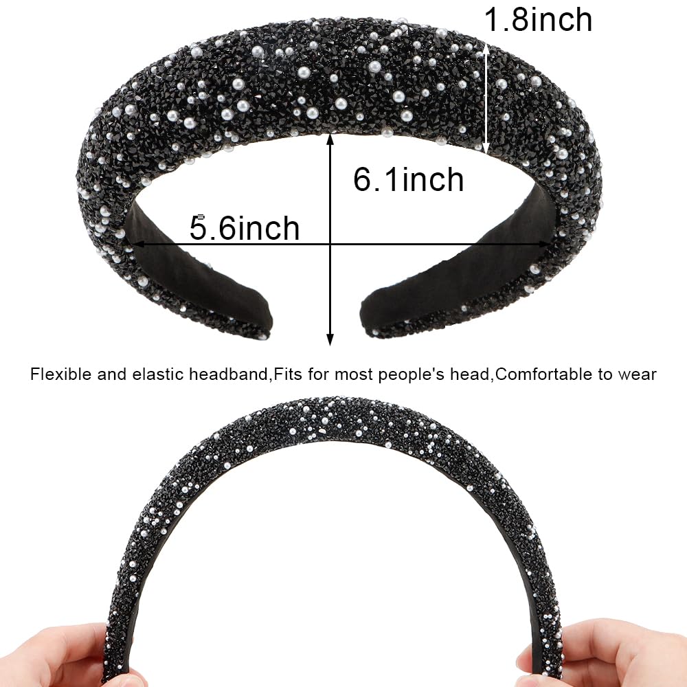 AHONEY 2 Pack Rhinestone Headband – Glitter Sequin Pearl Hair Accessories for Women & Girls (Black & Grey)