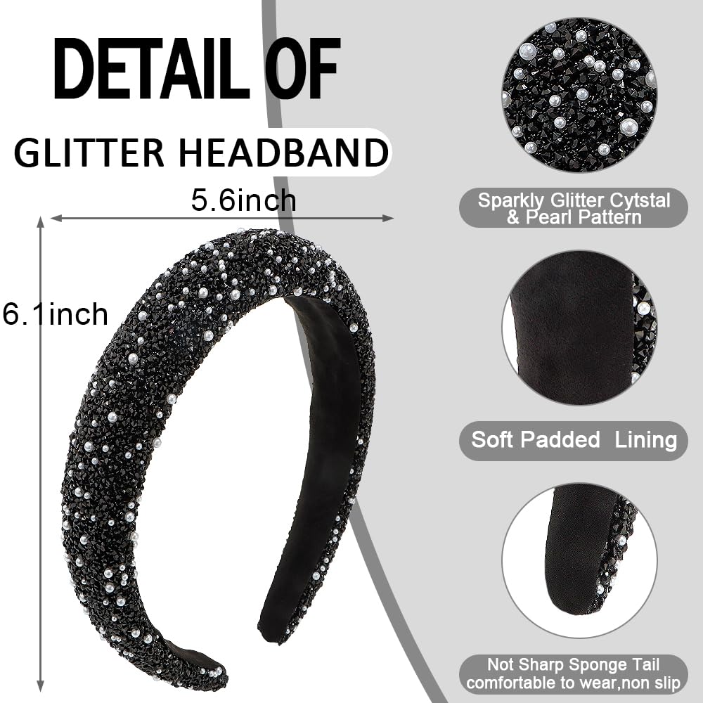 AHONEY 2 Pack Rhinestone Headband – Glitter Sequin Pearl Hair Accessories for Women & Girls (Black & Grey)