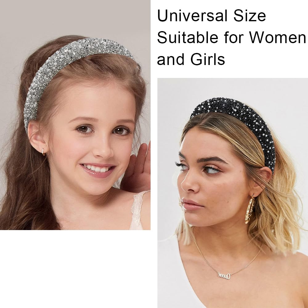 AHONEY 2 Pack Rhinestone Headband – Glitter Sequin Pearl Hair Accessories for Women & Girls (Black & Grey)