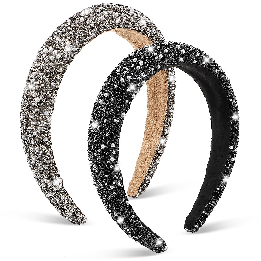 AHONEY 2 Pack Rhinestone Headband – Glitter Sequin Pearl Hair Accessories for Women & Girls (Black & Grey)