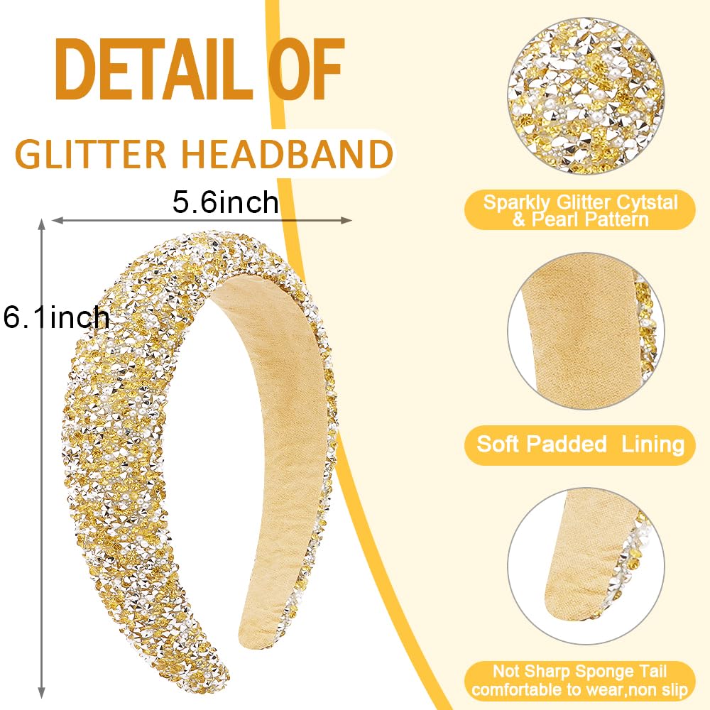 AHONEY 2 Pack Rhinestone Headbands – Padded Glitter Hair Accessories, Black & Gold