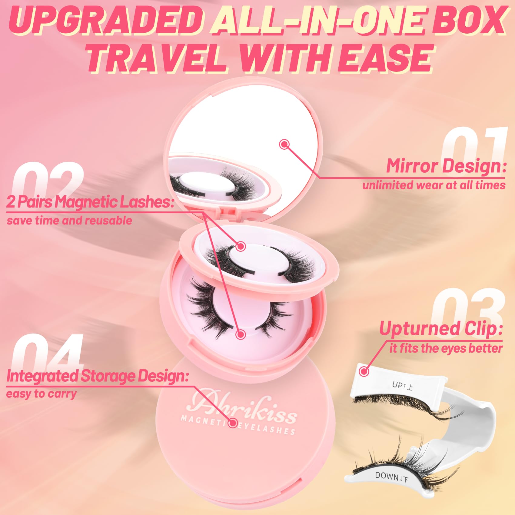 Ahrikiss Magnetic Eyelashes – 2 Pairs, Reusable, No Glue Needed, Includes Applicator (M02+M03)