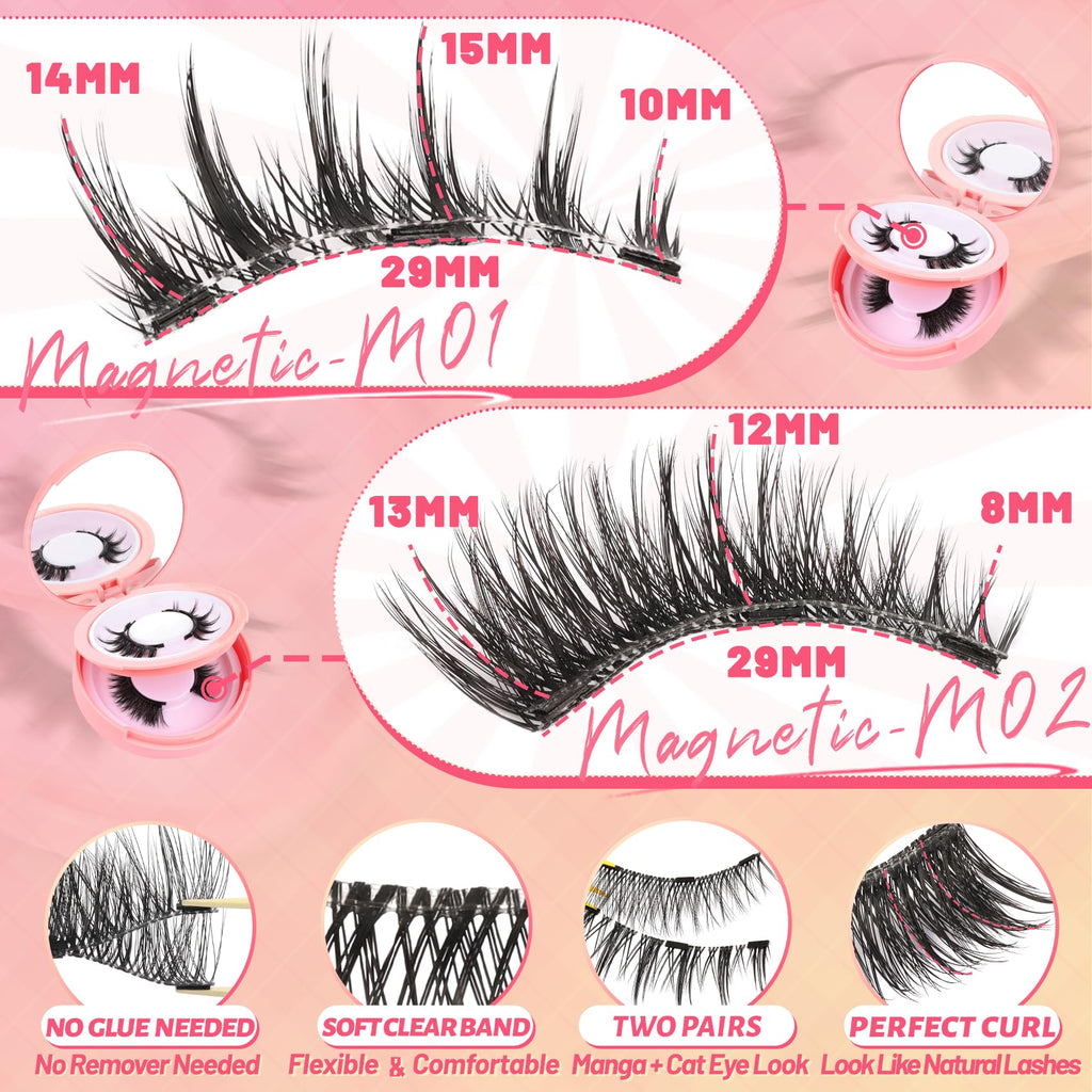Ahrikiss Magnetic Eyelashes M01+M02 – 2 Reusable Pairs with Applicator, No Glue Needed, Natural Look