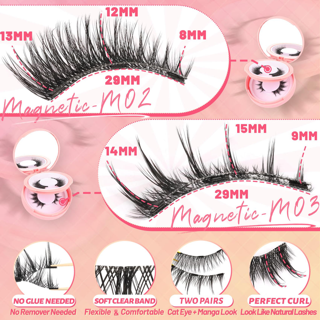 Ahrikiss Magnetic Eyelashes – 2 Pairs, Reusable, No Glue Needed, Includes Applicator (M02+M03)
