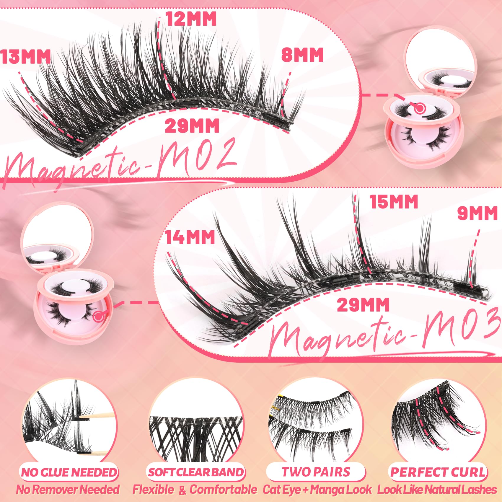 Ahrikiss Magnetic Eyelashes – 2 Pairs, Reusable, No Glue Needed, Includes Applicator (M02+M03)