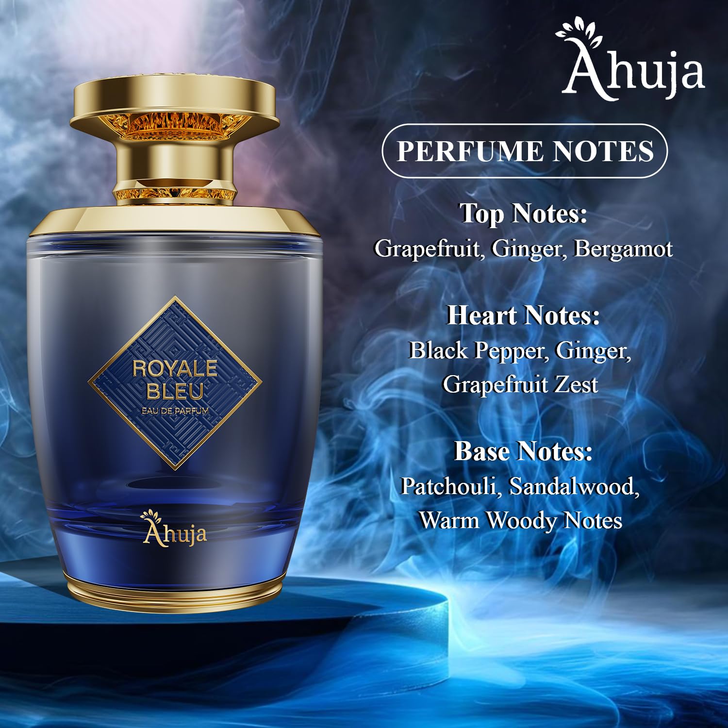 AHUJA Royal Bleu Eau de Parfum for Men – Long-Lasting Citrus, Ginger & Grapefruit with Woody Base | 3.4 oz