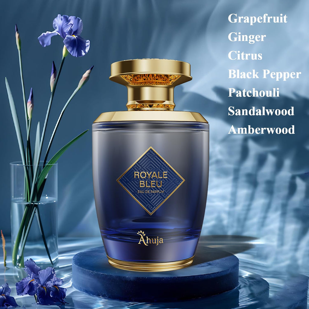 AHUJA Royal Bleu Eau de Parfum for Men – Long-Lasting Citrus, Ginger & Grapefruit with Woody Base | 3.4 oz