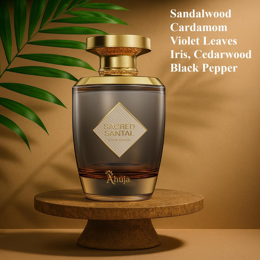 AHUJA Sacred Santal Eau de Parfum - Unisex Sandalwood, Cardamom & Violet Leaves, 3.4 oz