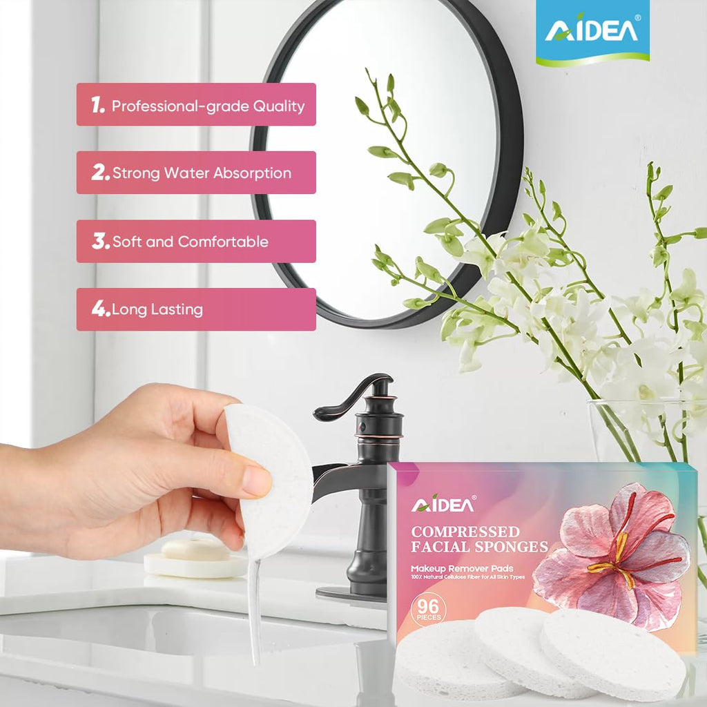 AIDEA Compressed Facial Sponges – 96-Count White Round Cellulose Sponges for Cleansing & Exfoliation