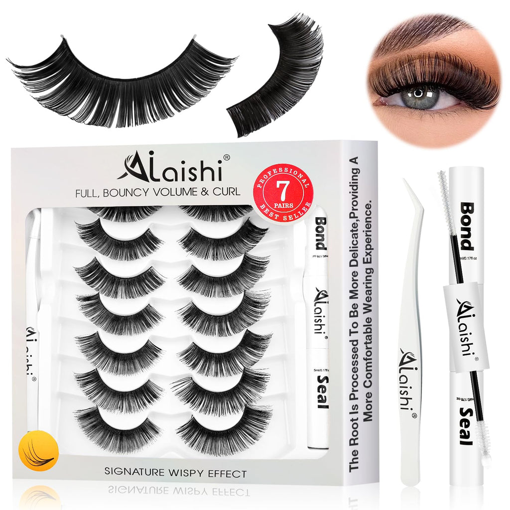 AILAISHI Fluffy False Eyelashes Kit – 7 Pairs with Bond, Seal & Tweezer | Natural Cat Eye Look