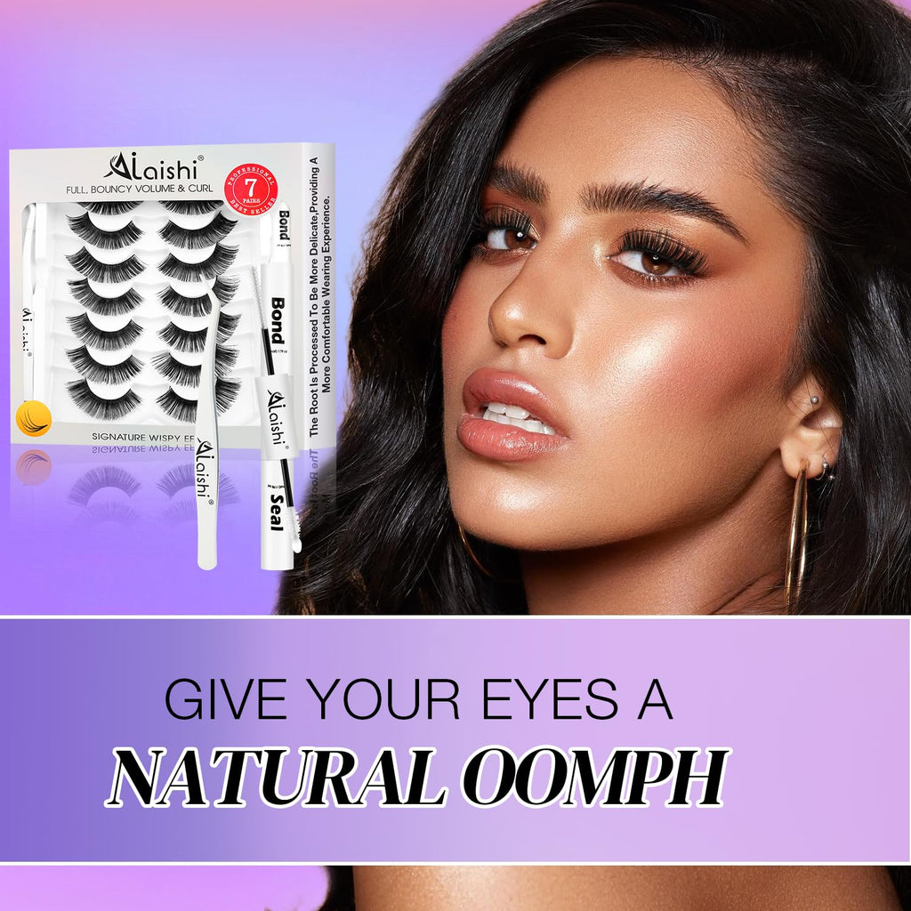 AILAISHI Fluffy False Eyelashes Kit – 7 Pairs with Bond, Seal & Tweezer | Natural Cat Eye Look