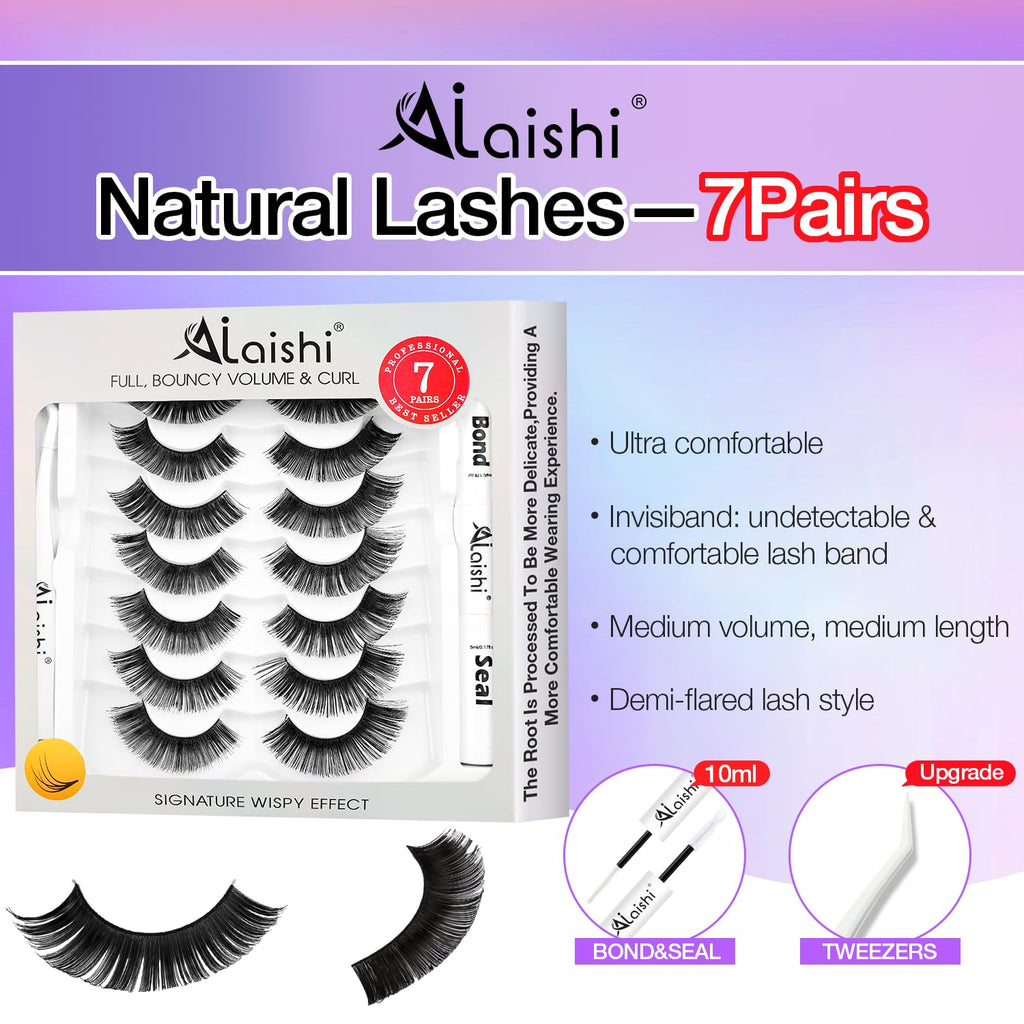 AILAISHI Fluffy False Eyelashes Kit – 7 Pairs with Bond, Seal & Tweezer | Natural Cat Eye Look