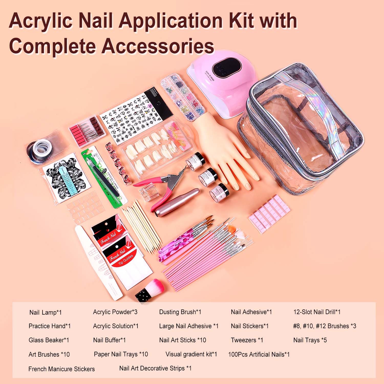 AILALUO Acrylic Nail Kit for Beginners – Practice Hand, UV Lamp, Drill, Silver Cosmetic Bag