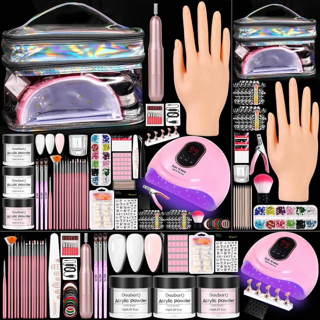 AILALUO Acrylic Nail Kit for Beginners – Practice Hand, UV Lamp, Drill, Silver Cosmetic Bag