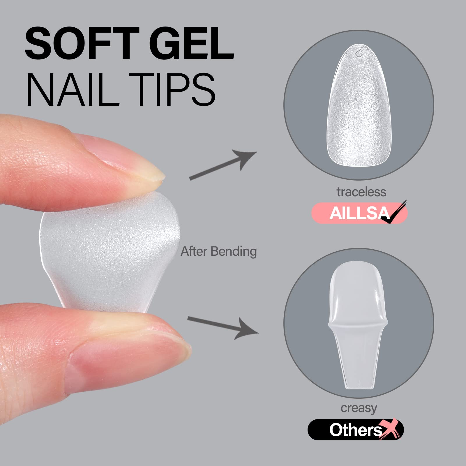 AILLSA Almond Nail Tips 450pcs – Soft Full Cover Gel Tips, Matte, 15 Sizes, Easy Press-On