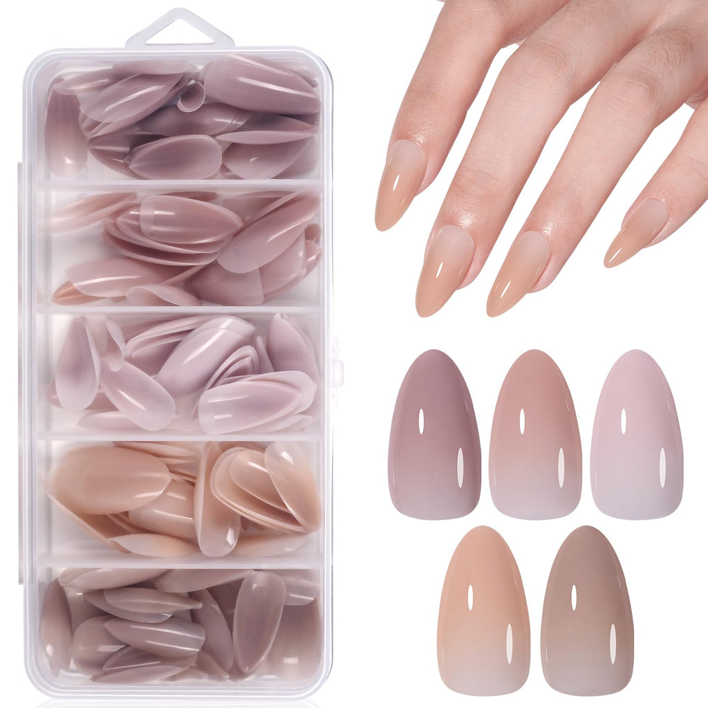 AILLSA Almond Press On Nails 140 PCS – 4-in-1 Gel Tips, Nude Natural Look