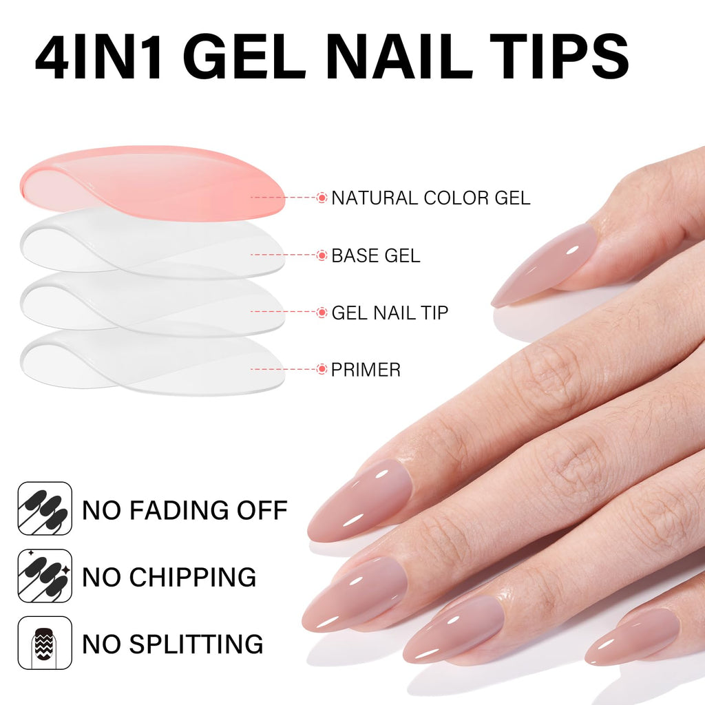 AILLSA Almond Press On Nails 140 PCS – 4-in-1 Gel Tips, Nude Natural Look