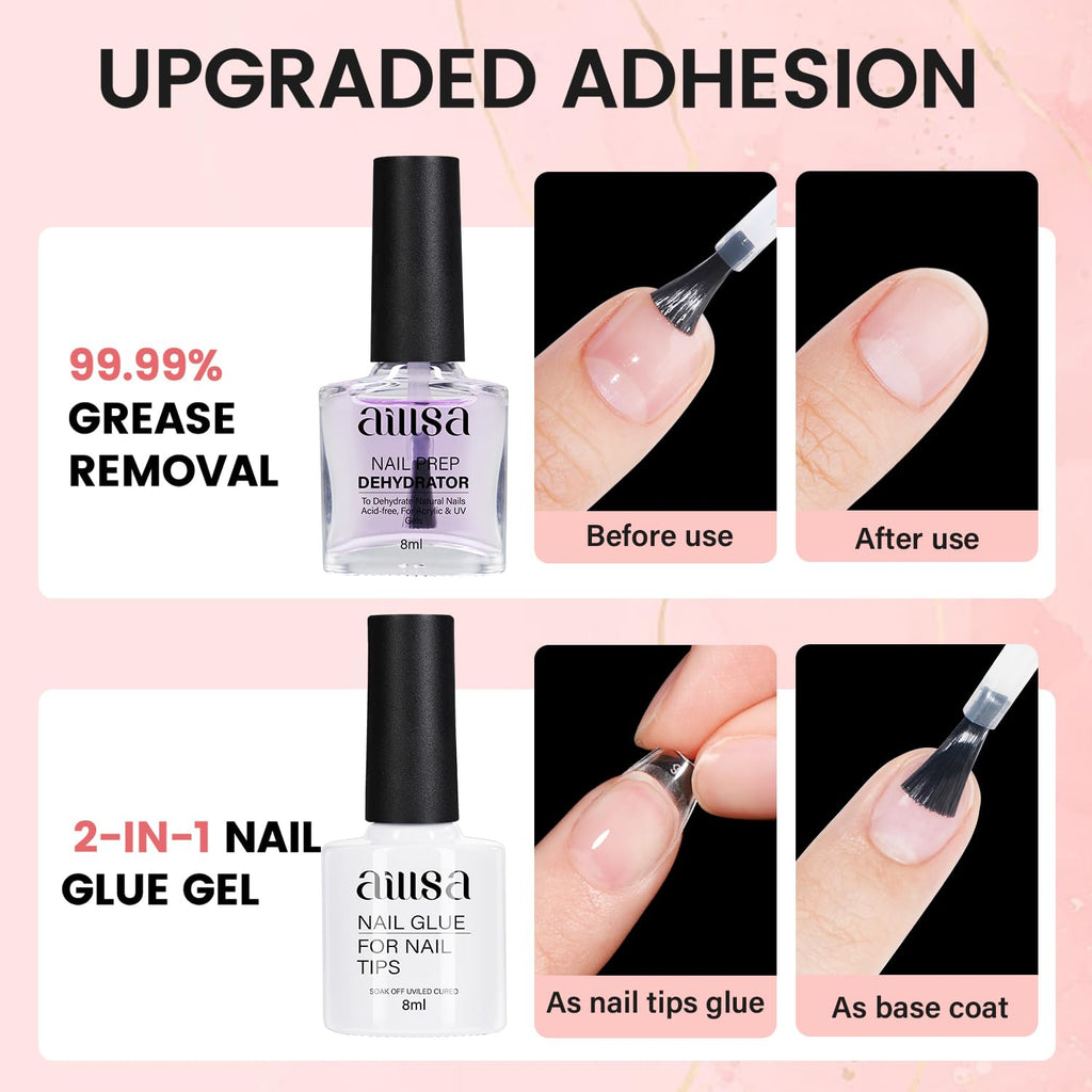 AILLSA Nail Extension Kit Short Almond Tips 240pcs – 2-in-1 Glue & Dehydrator, UV Lamp & Top Coat for Beginners