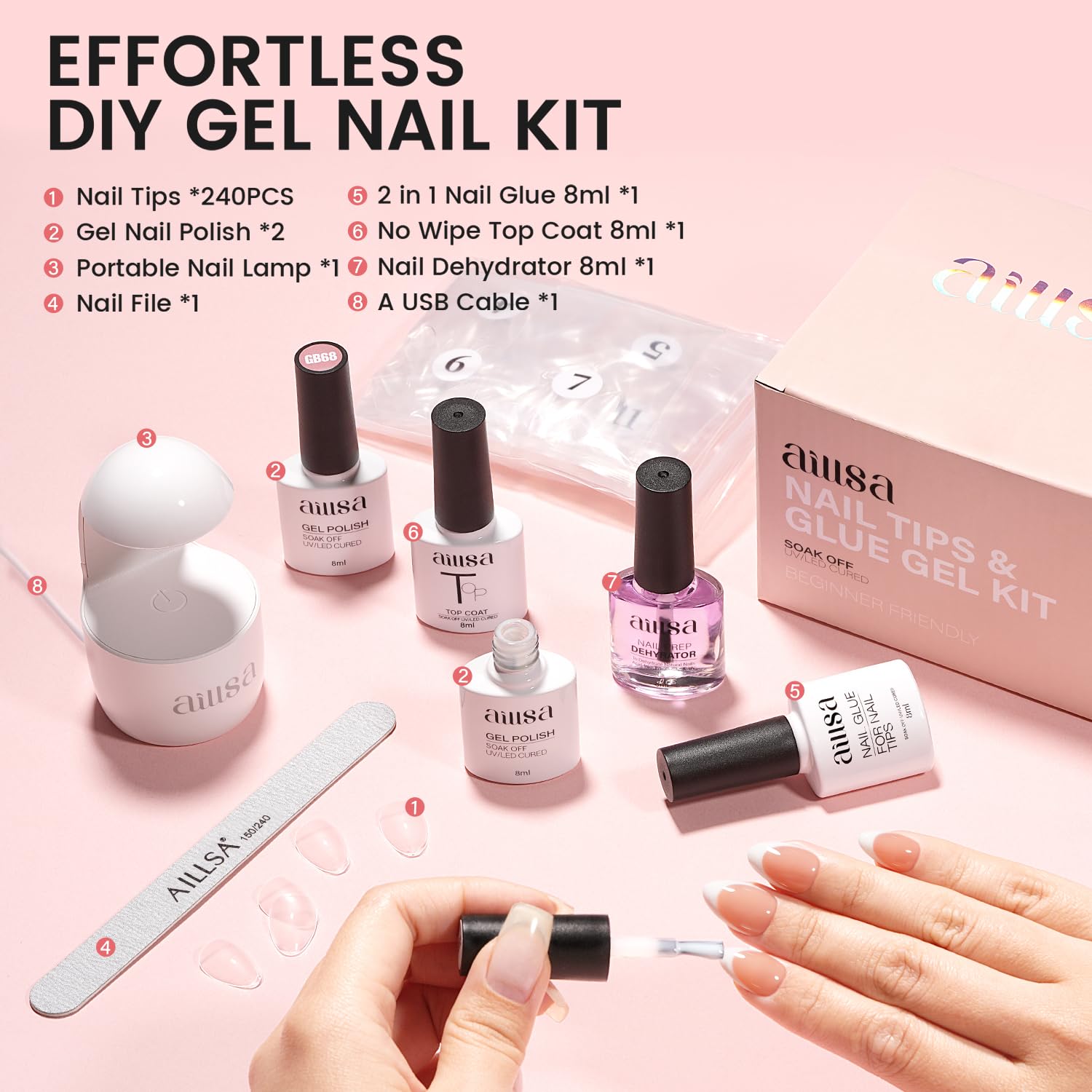 AILLSA Nail Extension Kit Short Almond Tips 240pcs – 2-in-1 Glue & Dehydrator, UV Lamp & Top Coat for Beginners