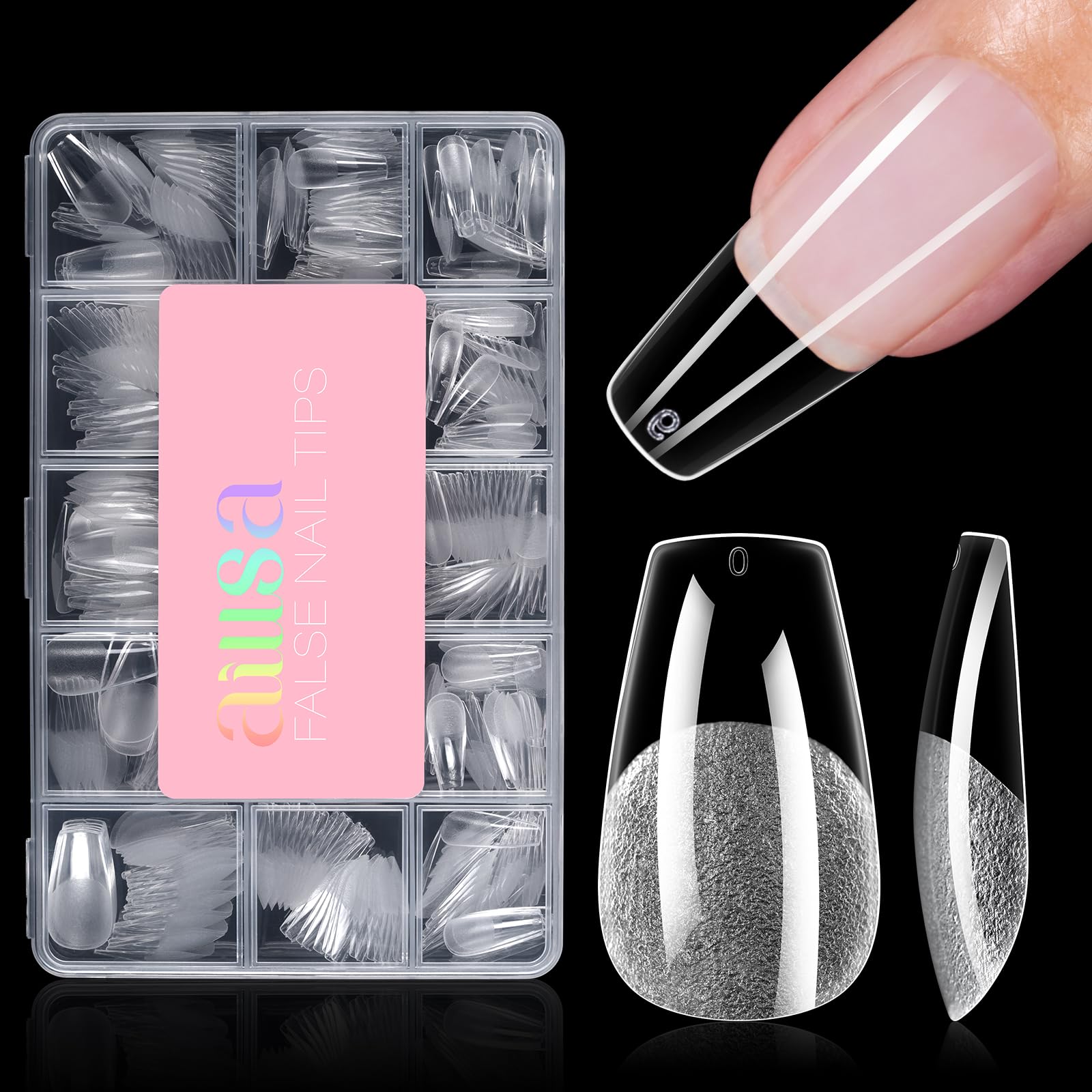 AILLSA Medium Coffin Nail Tips – Full Cover, Half Matte, 450pcs, 15 Sizes, DIY Nail Tips