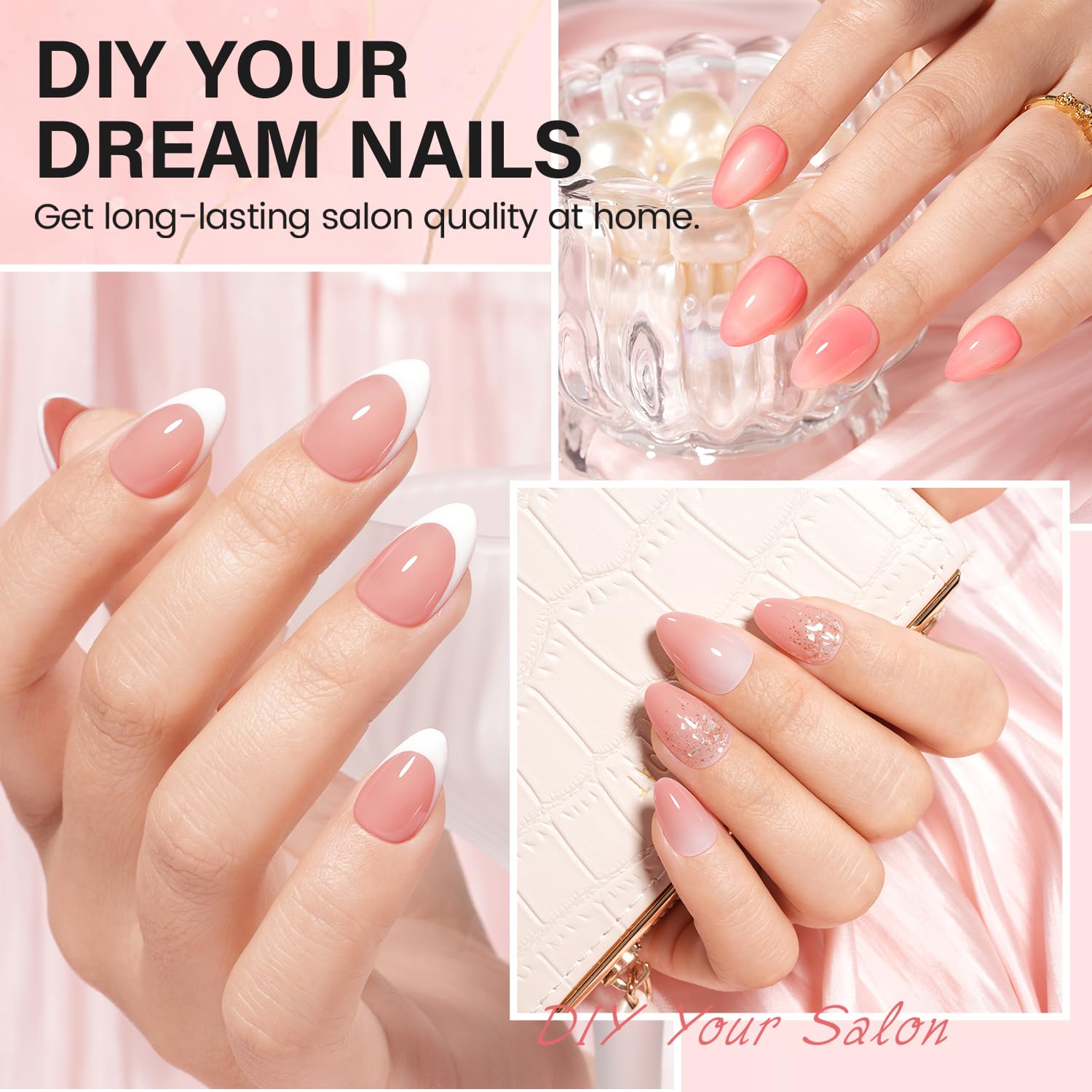 AILLSA Nail Extension Kit Short Almond Tips 240pcs – 2-in-1 Glue & Dehydrator, UV Lamp & Top Coat for Beginners