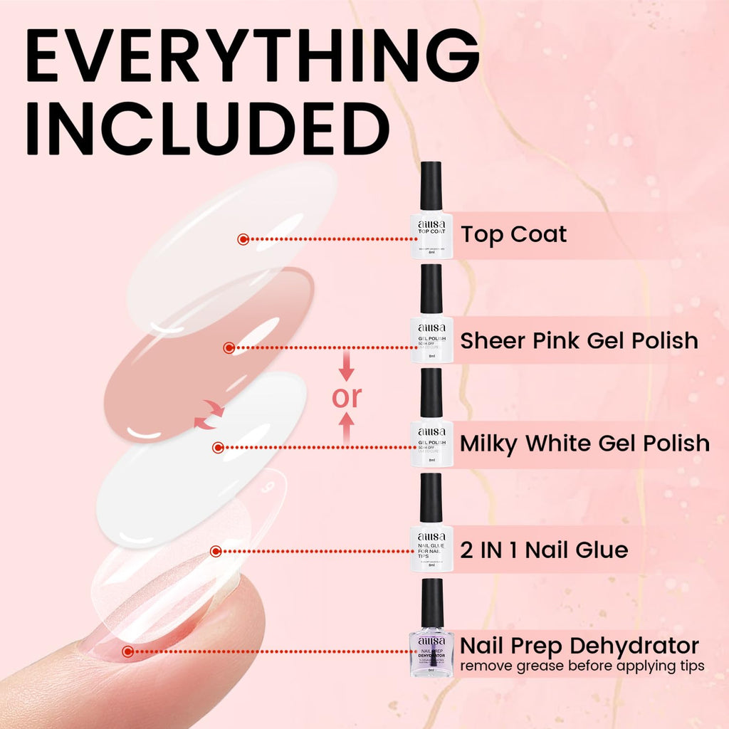 AILLSA Nail Extension Kit Short Almond Tips 240pcs – 2-in-1 Glue & Dehydrator, UV Lamp & Top Coat for Beginners