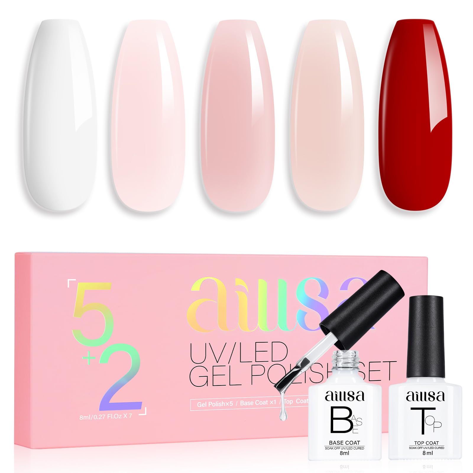 AILLSA Nude Pink Gel Nail Polish Set – 5+2 Kit with Base & Top Coat | Jelly UV Gel for DIY Manicures at Home