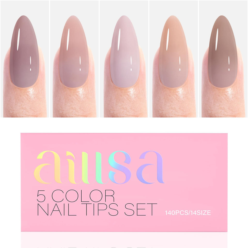 AILLSA Almond Press On Nails 140 PCS – 4-in-1 Gel Tips, Nude Natural Look