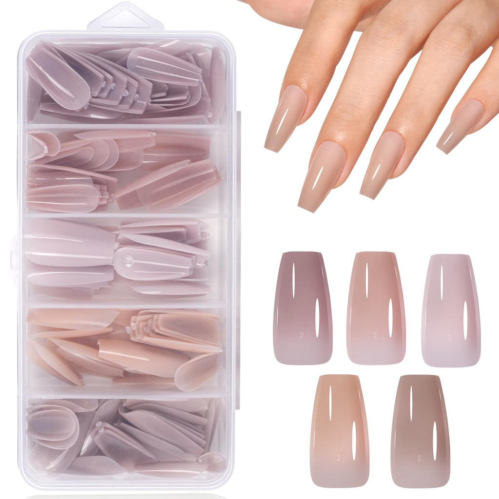 AILLSA RealFit Nude Tone Mixed Color Press On Nails – 4-in-1 Pre-Shaped Medium Coffin Full Cover, 140 PCS