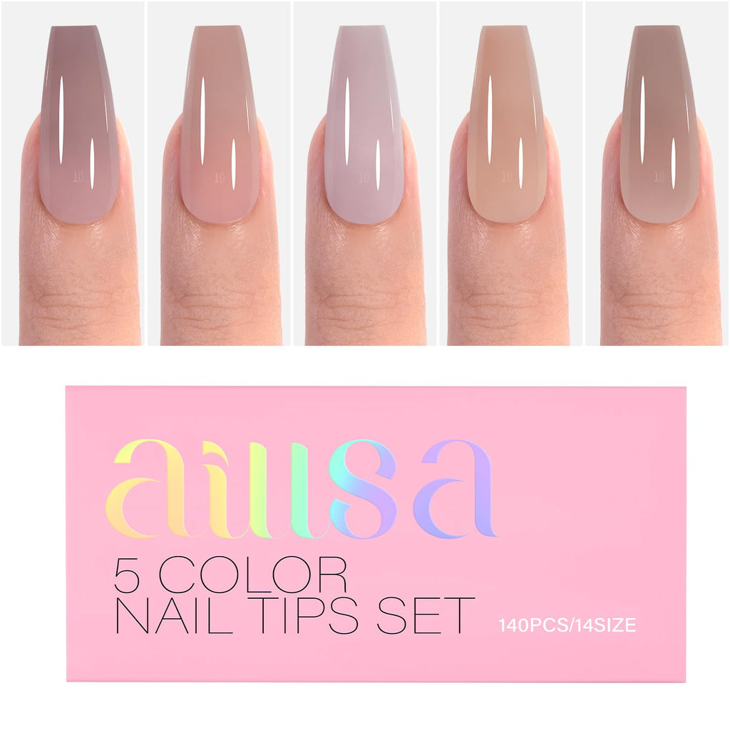 AILLSA RealFit Nude Tone Mixed Color Press On Nails – 4-in-1 Pre-Shaped Medium Coffin Full Cover, 140 PCS
