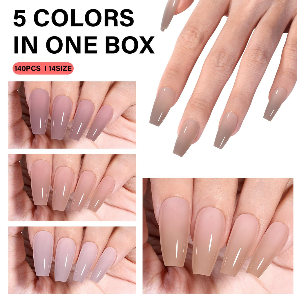 AILLSA RealFit Nude Tone Mixed Color Press On Nails – 4-in-1 Pre-Shaped Medium Coffin Full Cover, 140 PCS