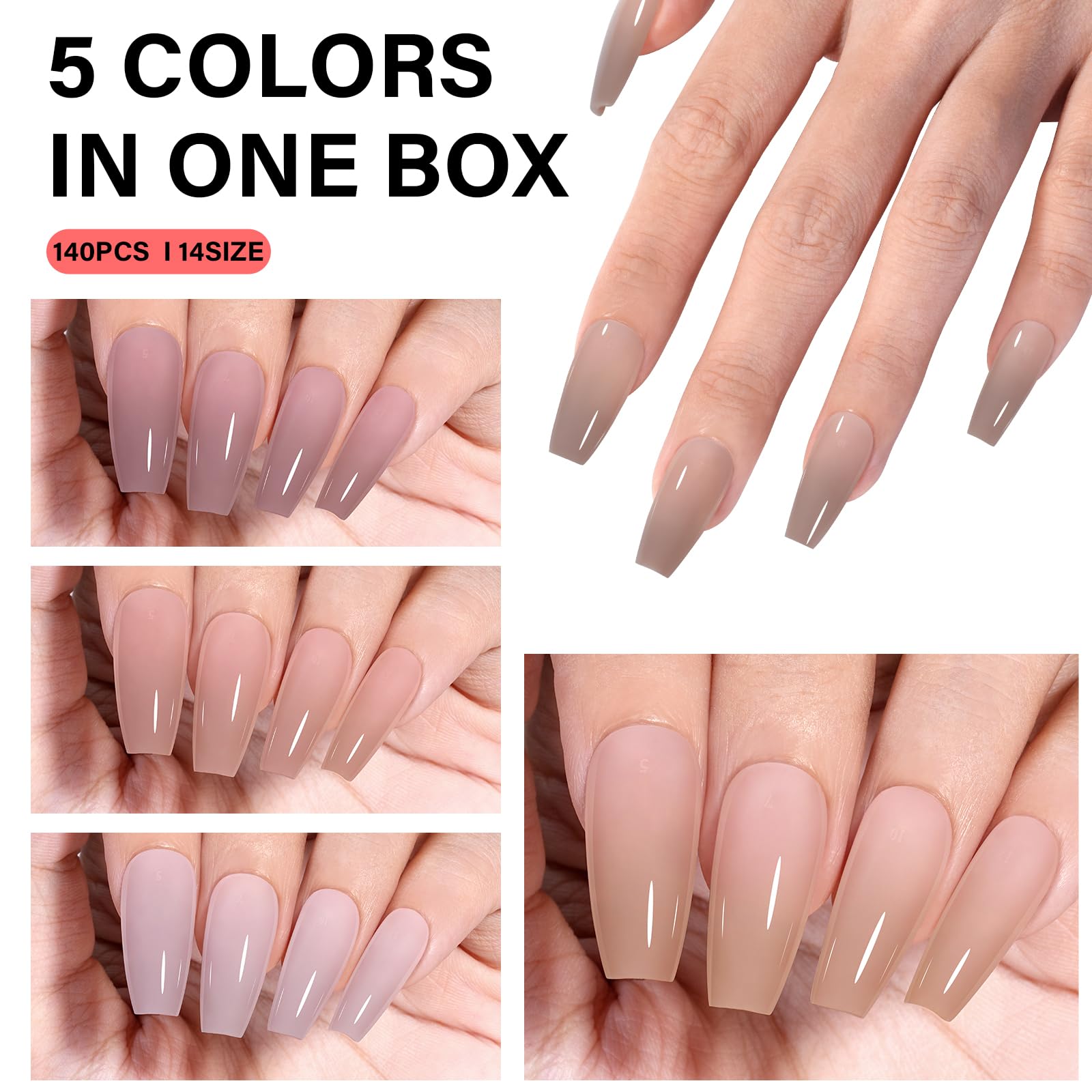 AILLSA RealFit Nude Tone Mixed Color Press On Nails – 4-in-1 Pre-Shaped Medium Coffin Full Cover, 140 PCS