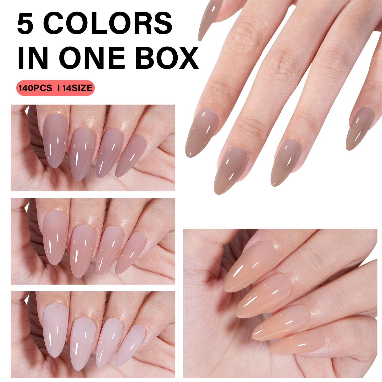 AILLSA Almond Press On Nails 140 PCS – 4-in-1 Gel Tips, Nude Natural Look
