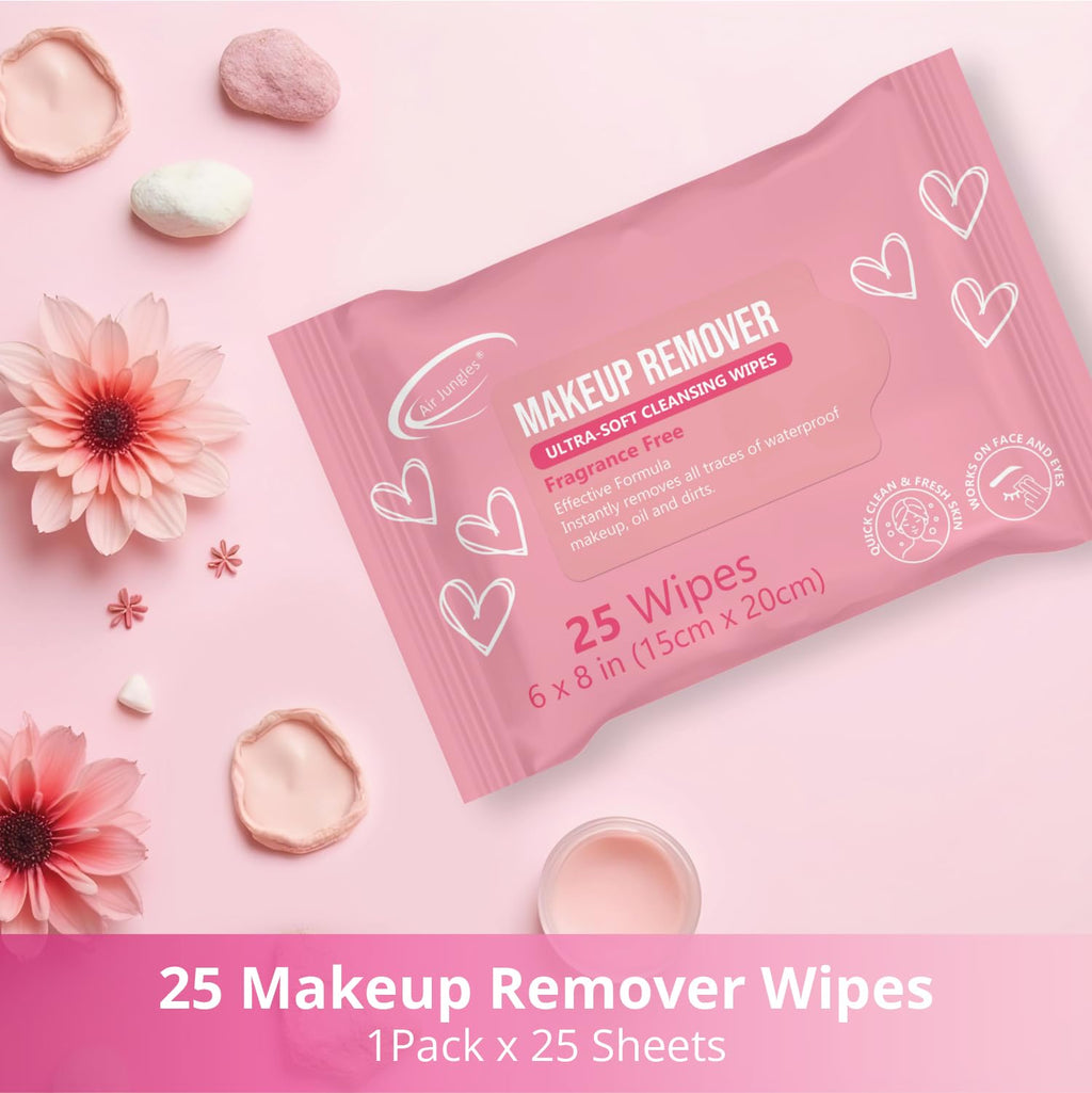 Air Jungles Makeup Remover Wipes – Extra Large 6x8, Alcohol-Free & Fragrance-Free, Vitamin E, Pack of 4