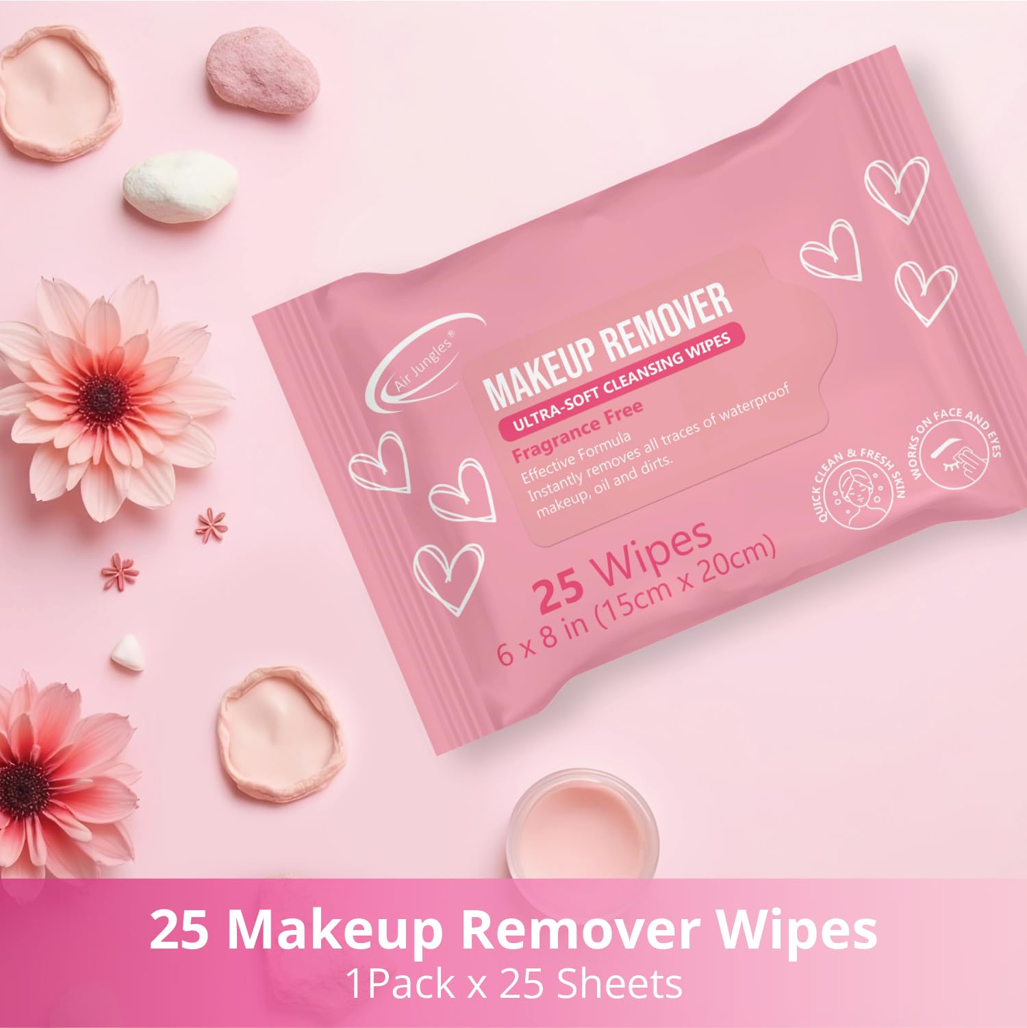 Air Jungles Makeup Remover Wipes – Extra Large 6x8, Alcohol-Free & Fragrance-Free, Vitamin E, Pack of 4
