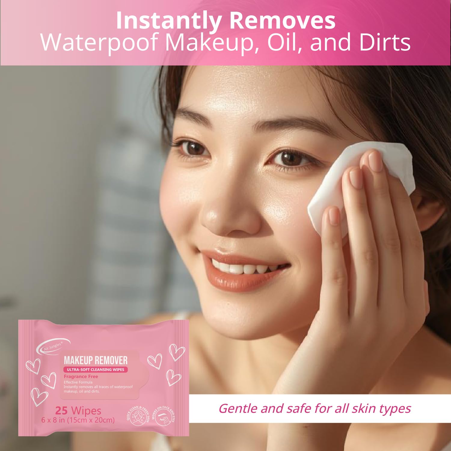 Air Jungles Makeup Remover Wipes – Extra Large 6x8, Alcohol-Free & Fragrance-Free, Vitamin E, Pack of 4