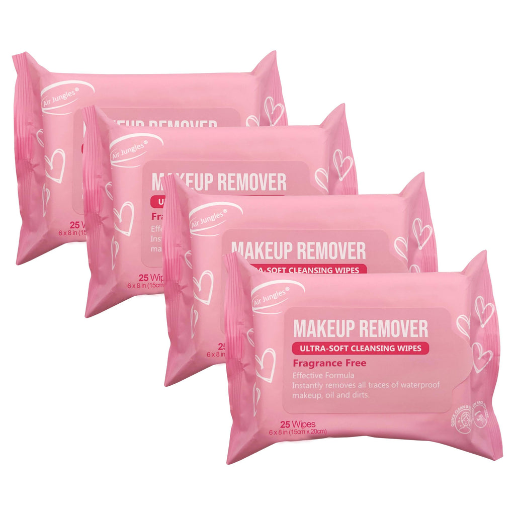 Air Jungles Makeup Remover Wipes – Extra Large 6x8, Alcohol-Free & Fragrance-Free, Vitamin E, Pack of 4