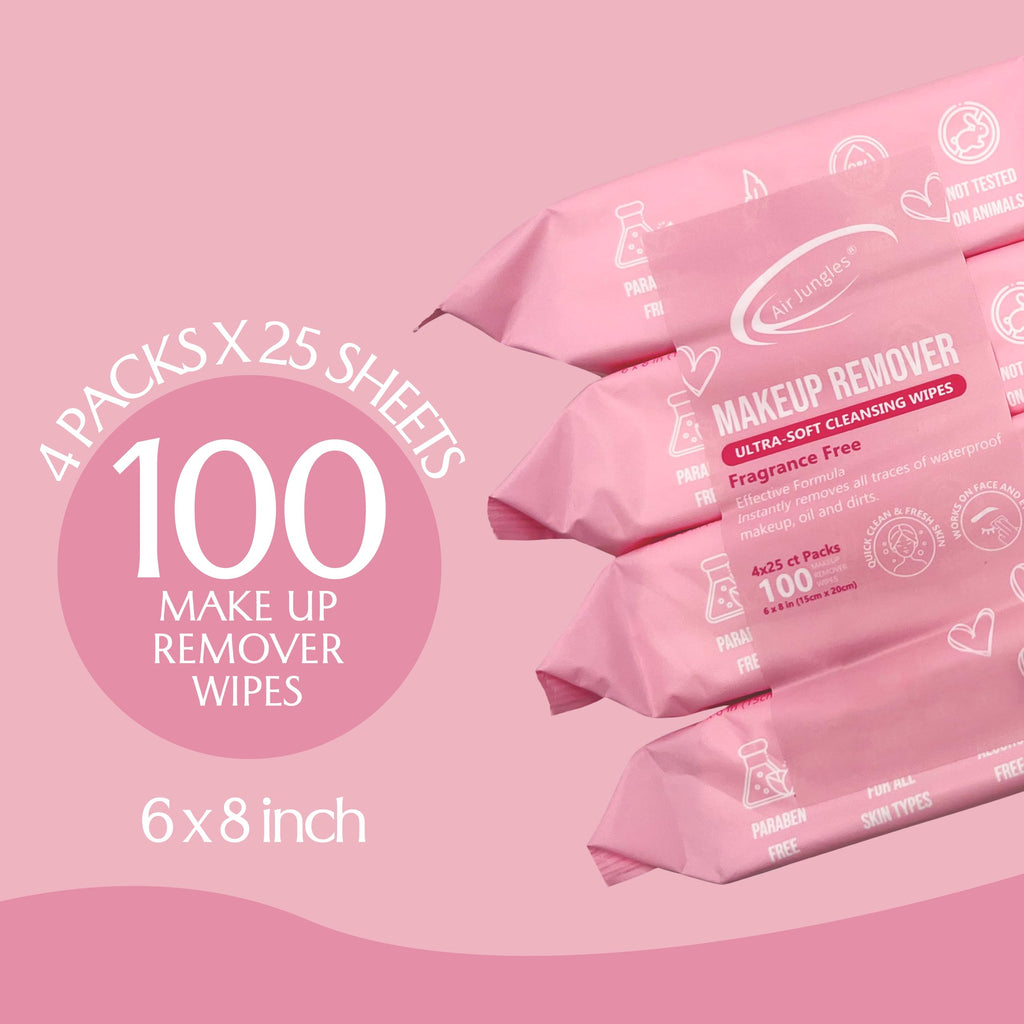 Air Jungles Makeup Remover Wipes – Extra Large 6x8, Alcohol-Free & Fragrance-Free, Vitamin E, Pack of 4
