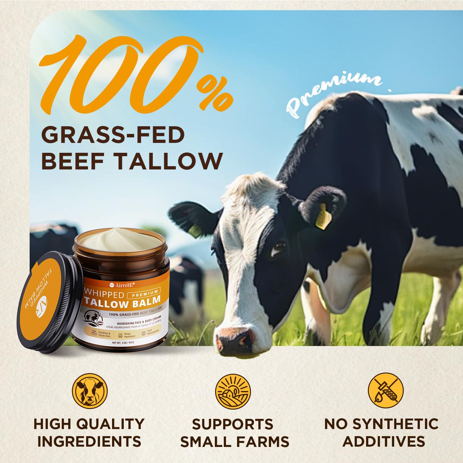 AirroYE Grass-Fed Beef Tallow Moisturizer – Unscented Whipped Balm for Skin 4oz