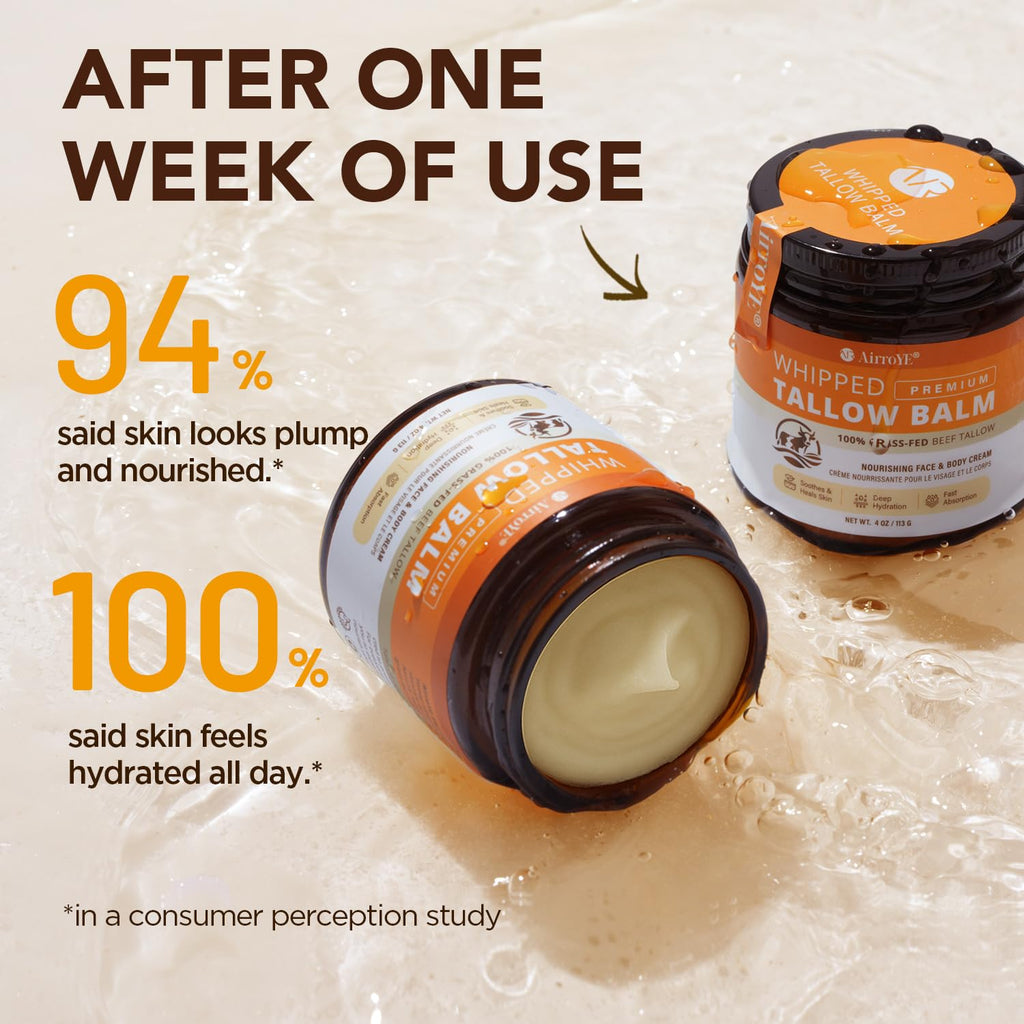 AirroYE Grass-Fed Beef Tallow Moisturizer – Unscented Whipped Balm for Skin 4oz