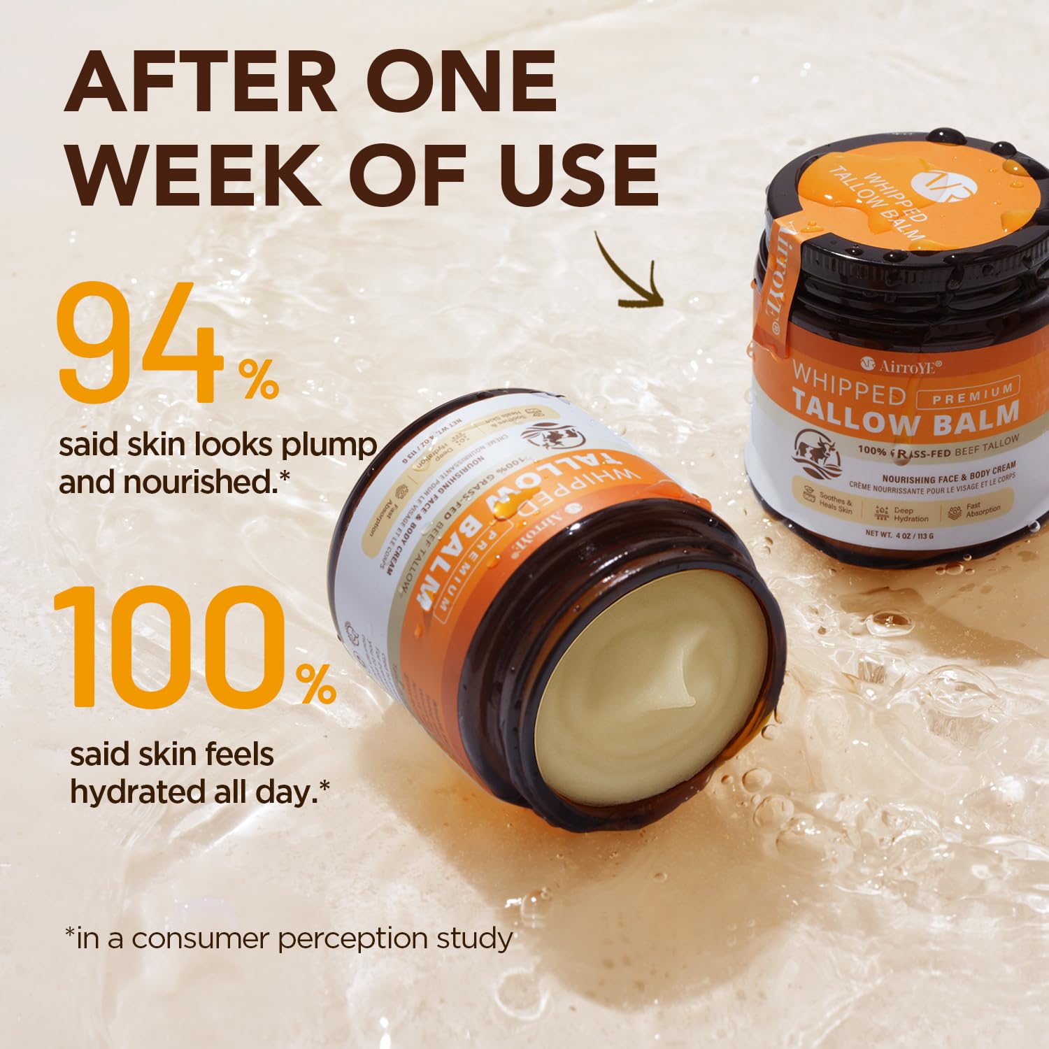 AirroYE Grass-Fed Beef Tallow Moisturizer – Unscented Whipped Balm for Skin 4oz