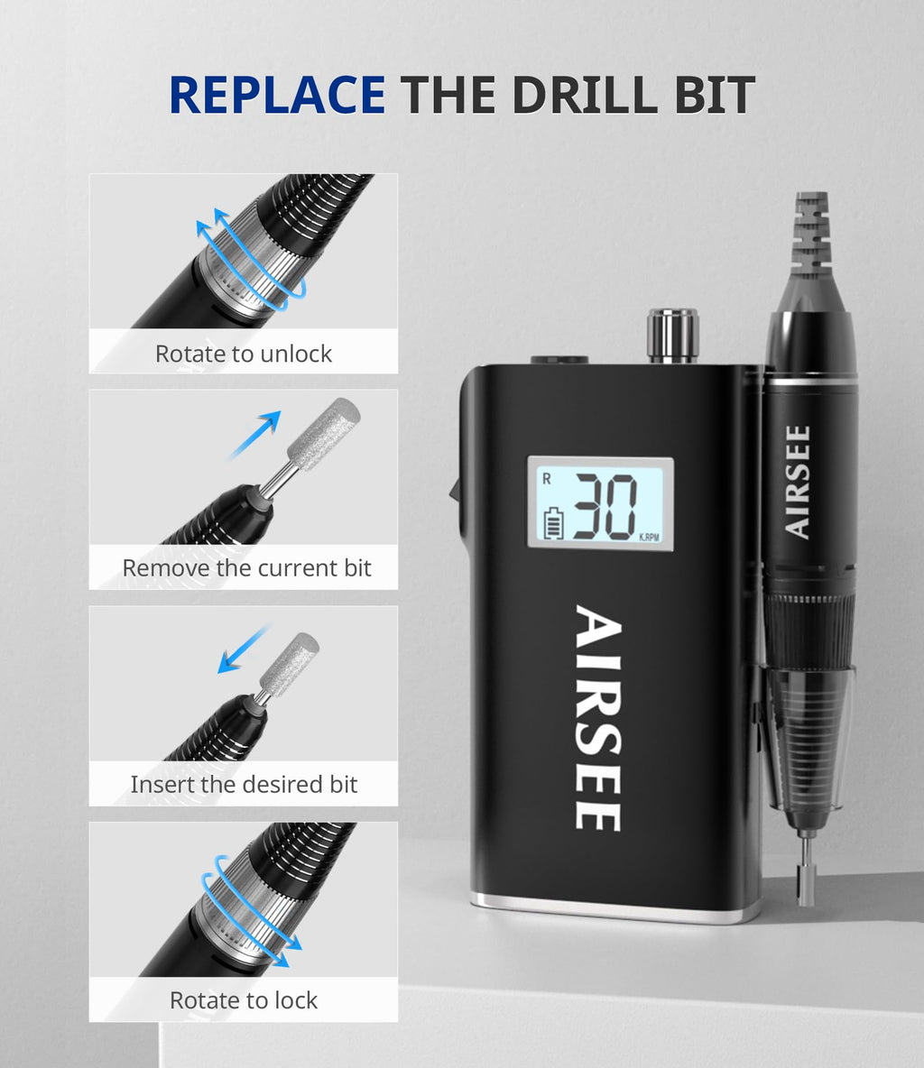 AirSee E8 Rechargeable Nail Drill — 30000 RPM Cordless High-Speed Electric File