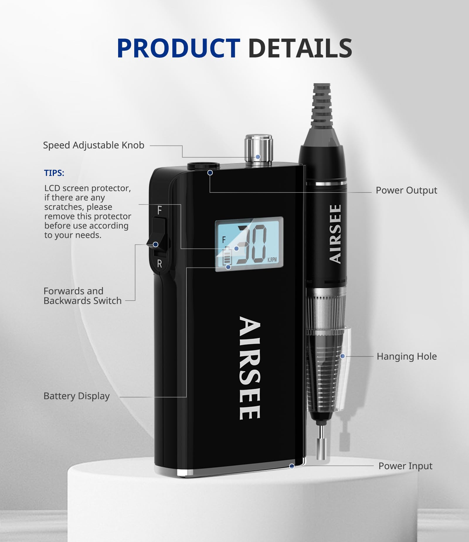 AirSee E8 Rechargeable Nail Drill — 30000 RPM Cordless High-Speed Electric File